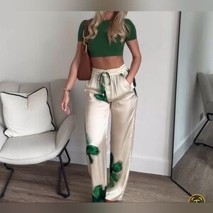 Elegant Cream and Green Women's Pants
